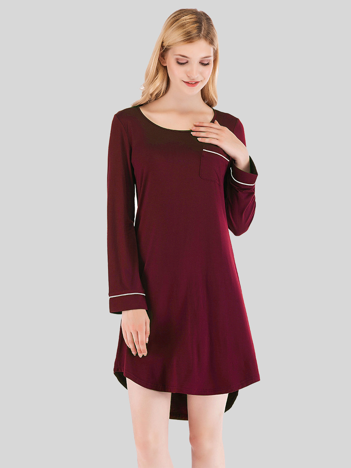 Buy wine Round Neck Night Dress with Pocket