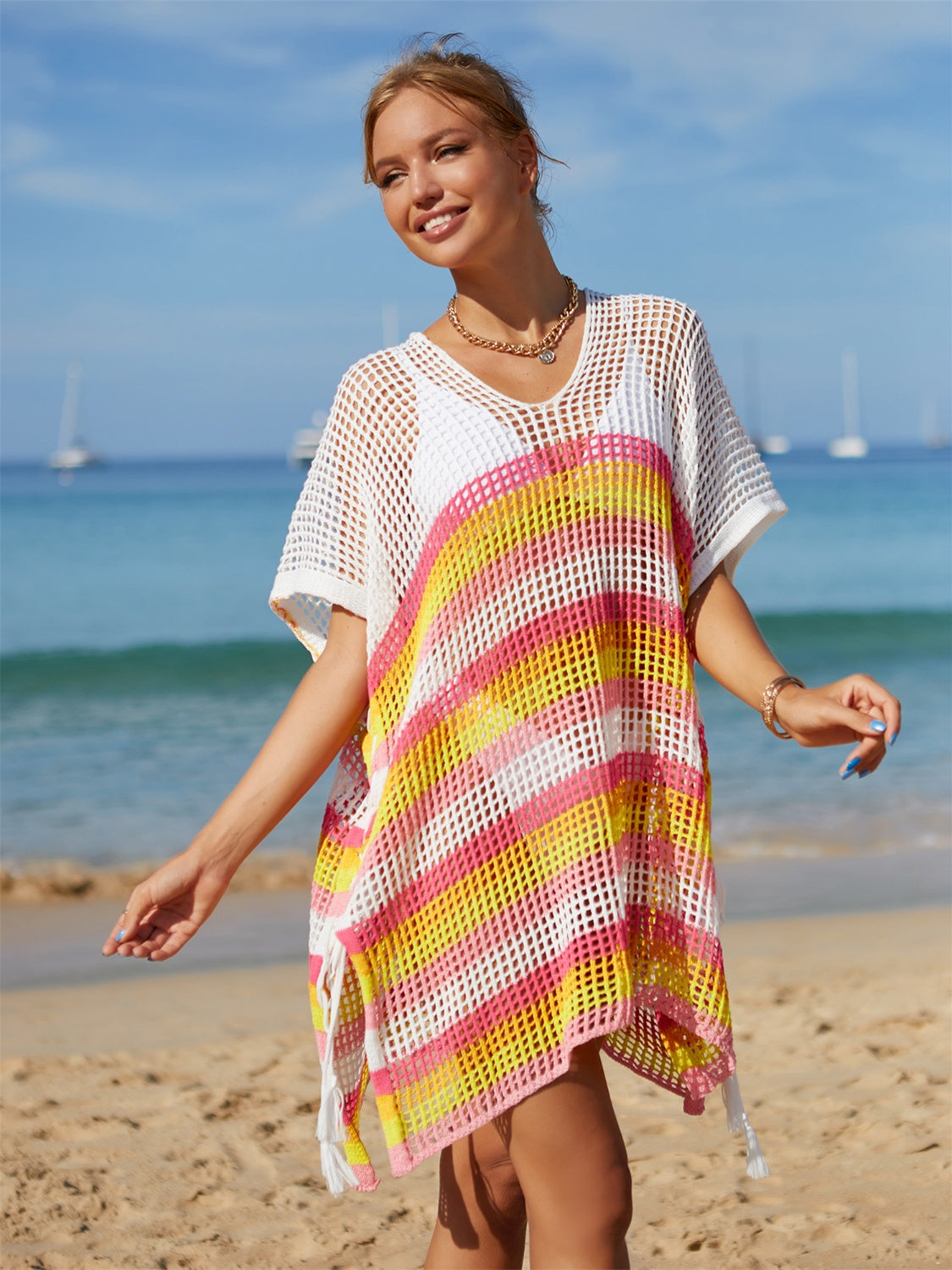 Buy pink Angel Wings Cutout Striped Cover-Up with Tassel