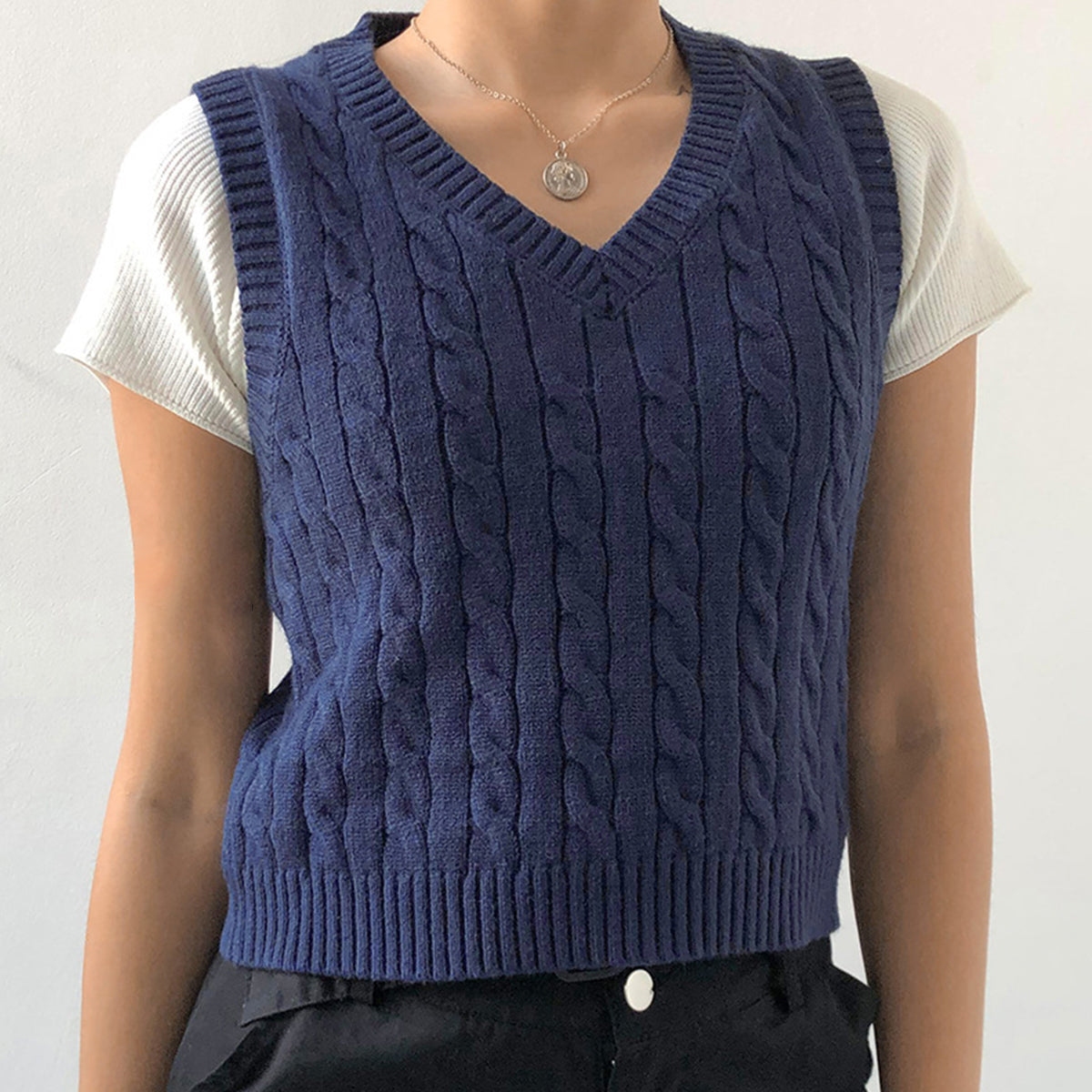 Buy dark-blue Cable-knit V-Neck Sweater Vest