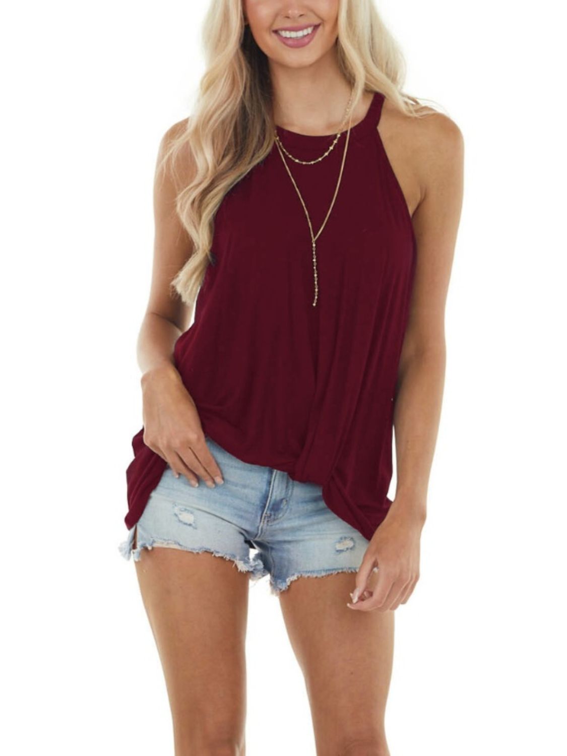 Buy burgundy Ruched Round Neck Top