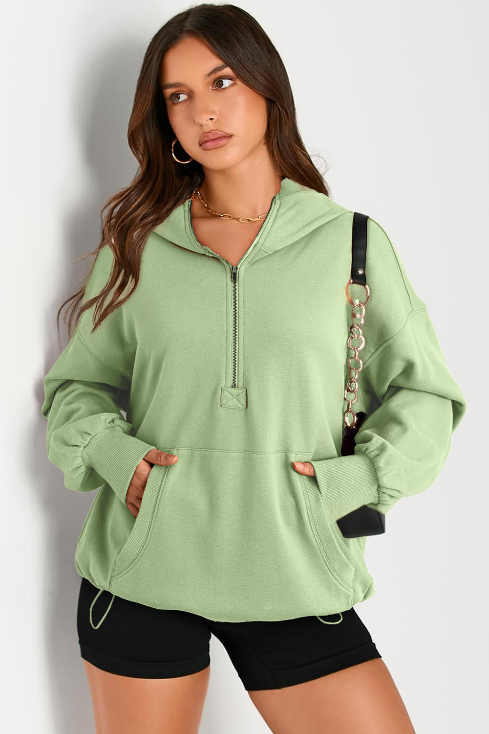 Buy light-green Pocketed Half Zip Long Sleeve Hoodie