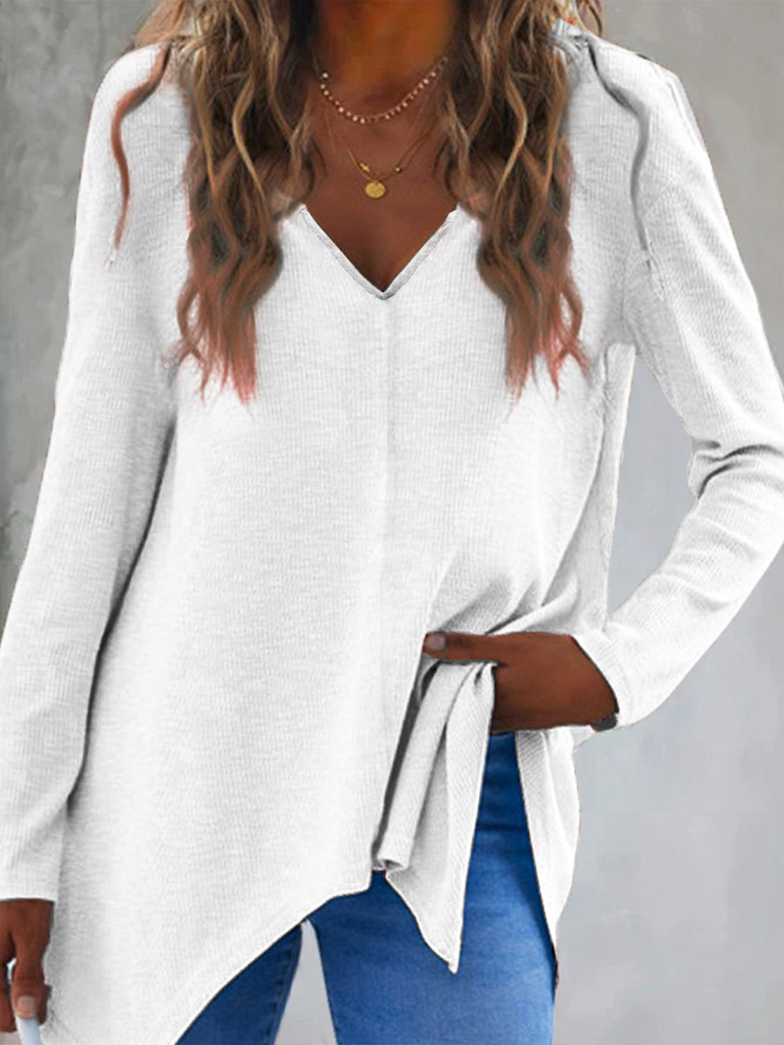 Buy white Full Size V-Neck Long Sleeve T-Shirt