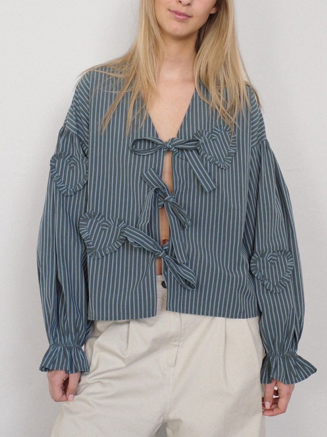 Buy stripe Tied Flounce Sleeve Blouse