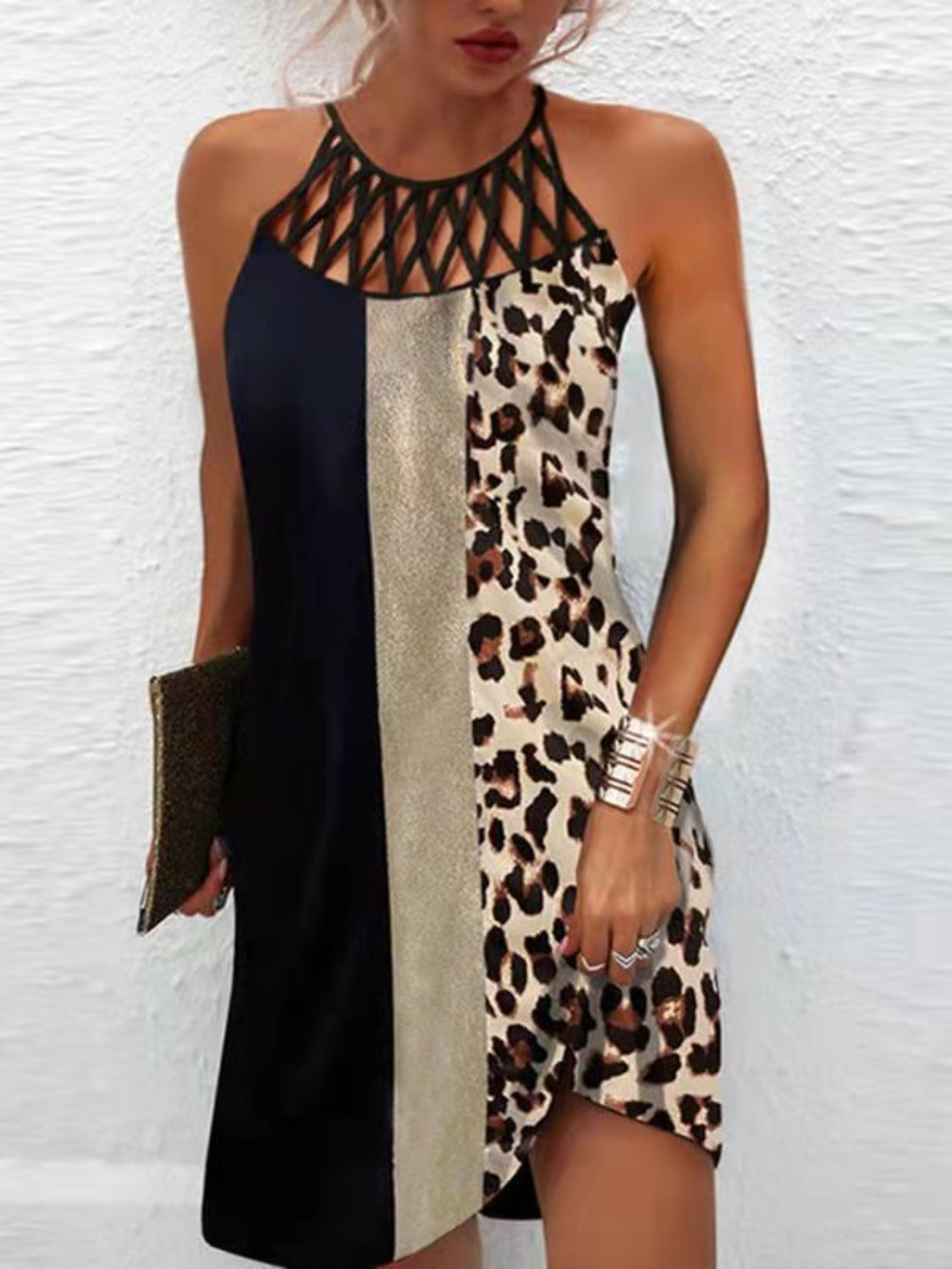 Buy khaki Printed Grecian Neck Mini Dress