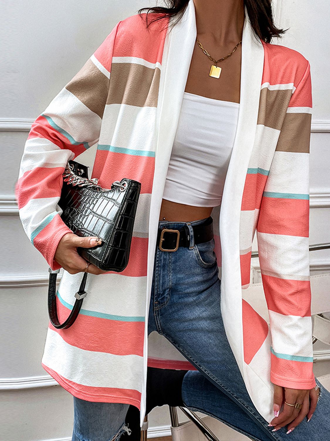 Shiny Striped Open Front Longline Cardigan