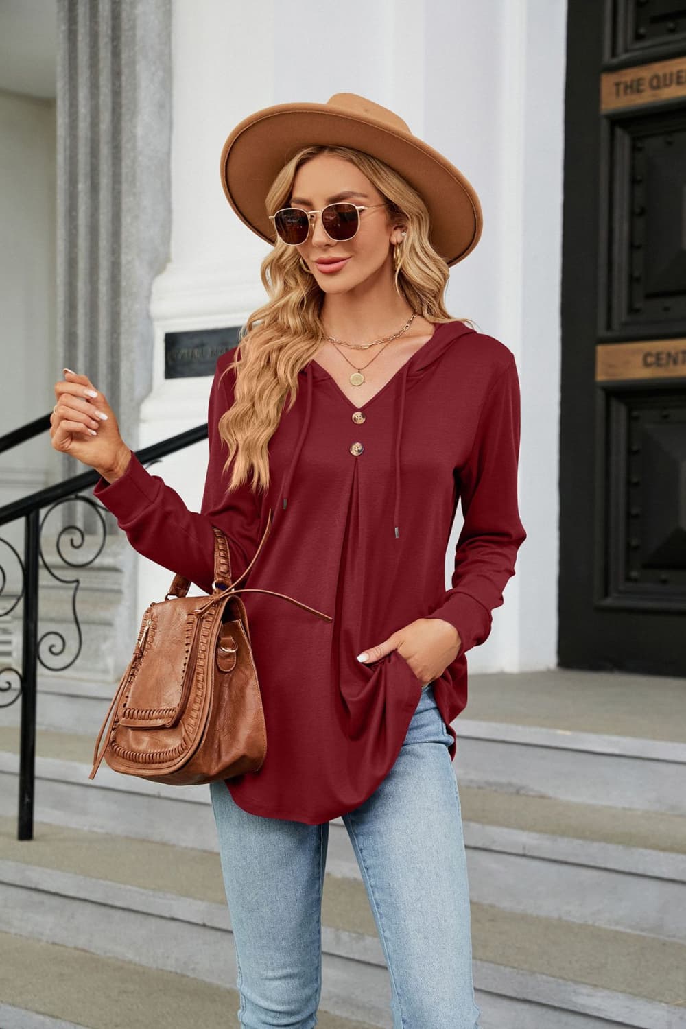 Buy burgundy Long Sleeve Hooded Blouse