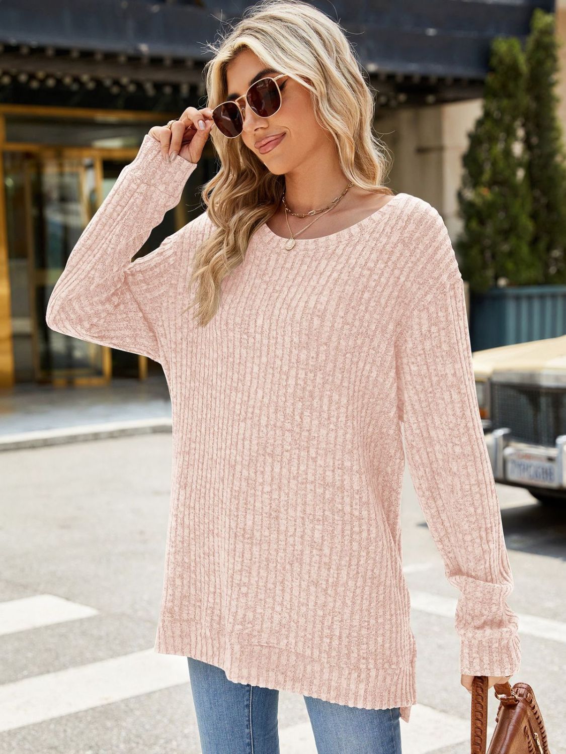 Buy pale-blush Round Neck Long Sleeve T-Shirt