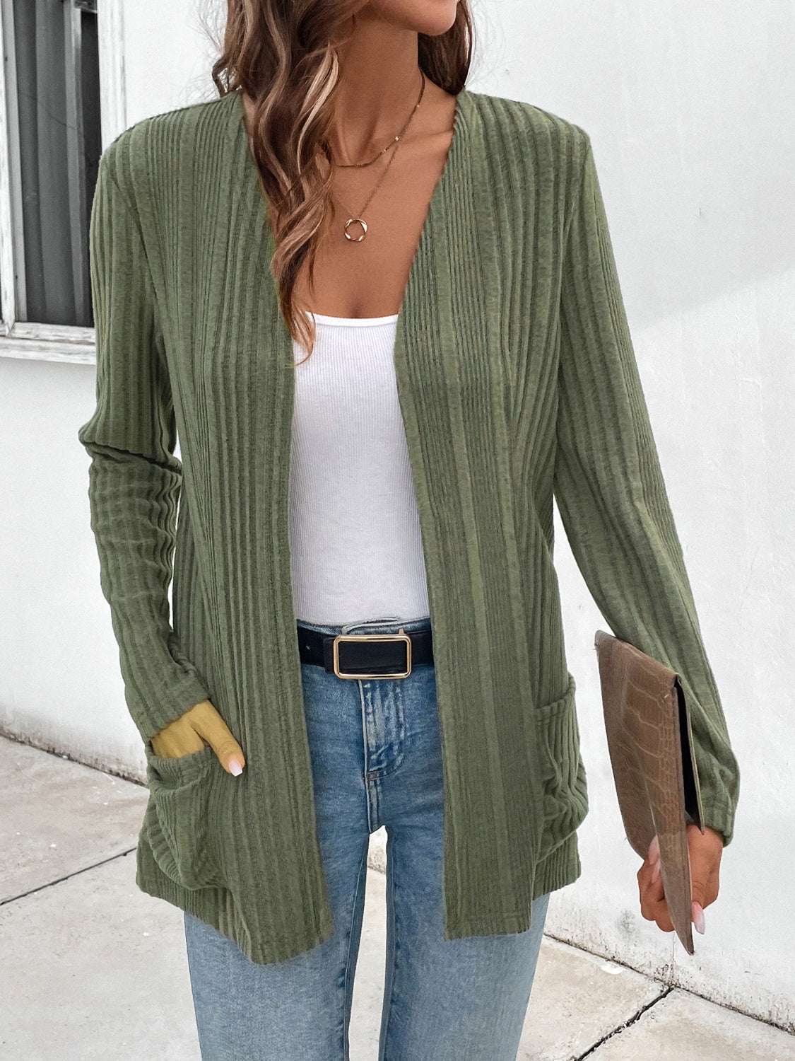 Buy matcha-green Pocketed Open Front Long Sleeve Cardigan