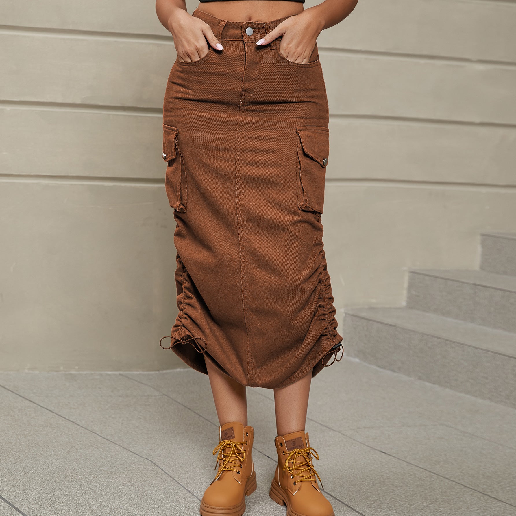 Buy chestnut Drawstring Ruched Slit Denim Midi Skirt