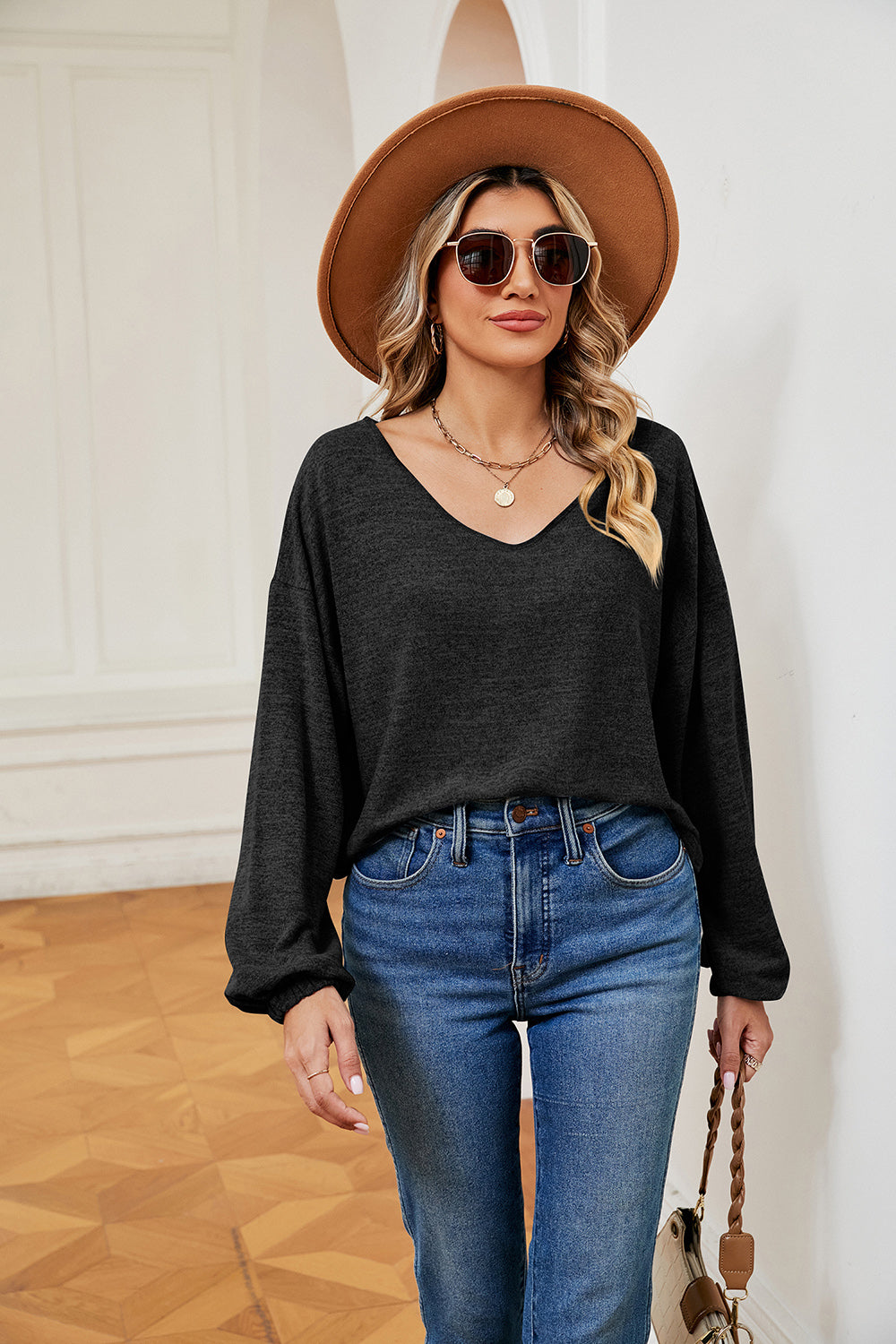 Buy black V-Neck Long Sleeve Top