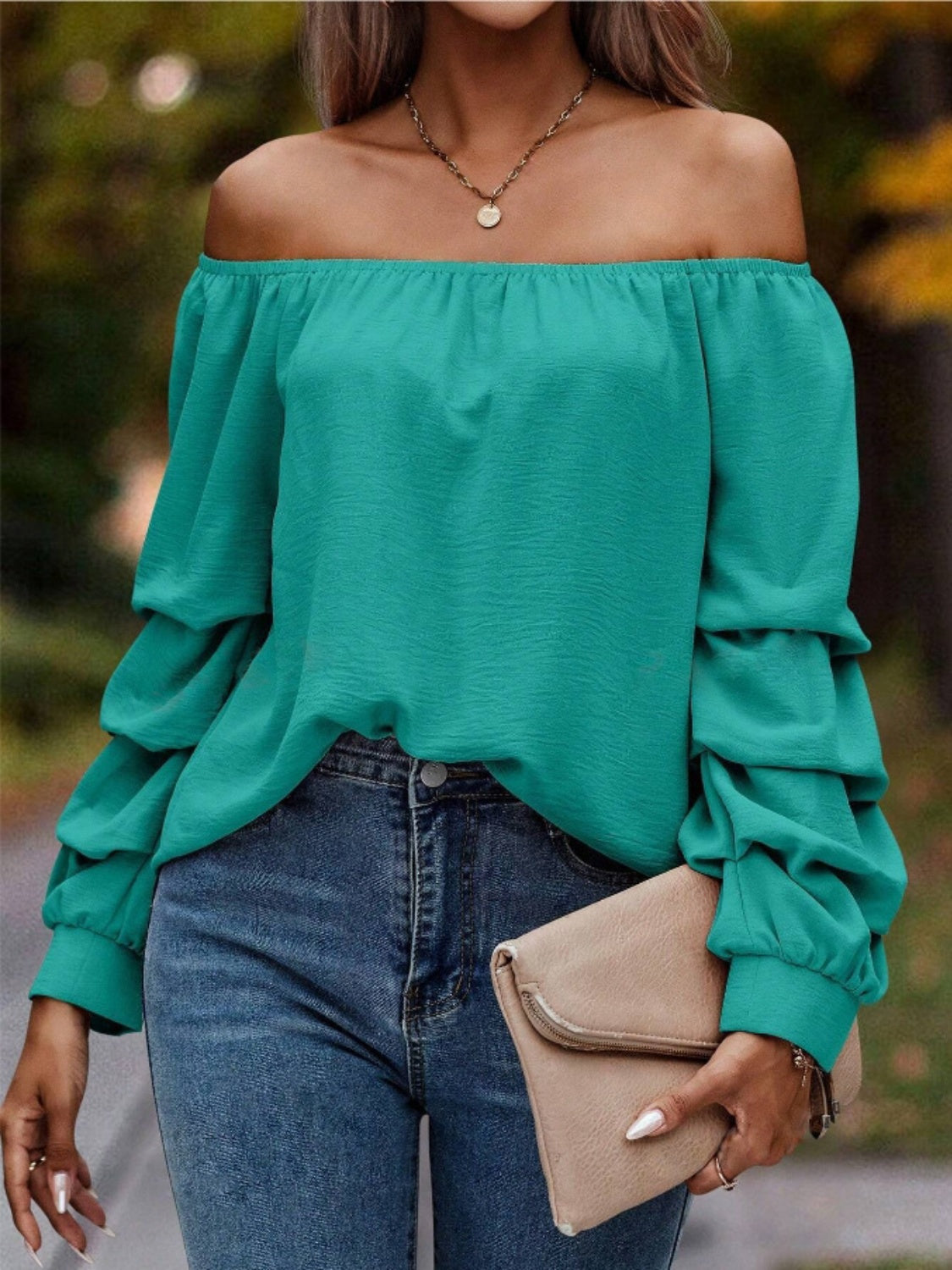 Buy turquoise Ruched Off-Shoulder Long Sleeve Blouse