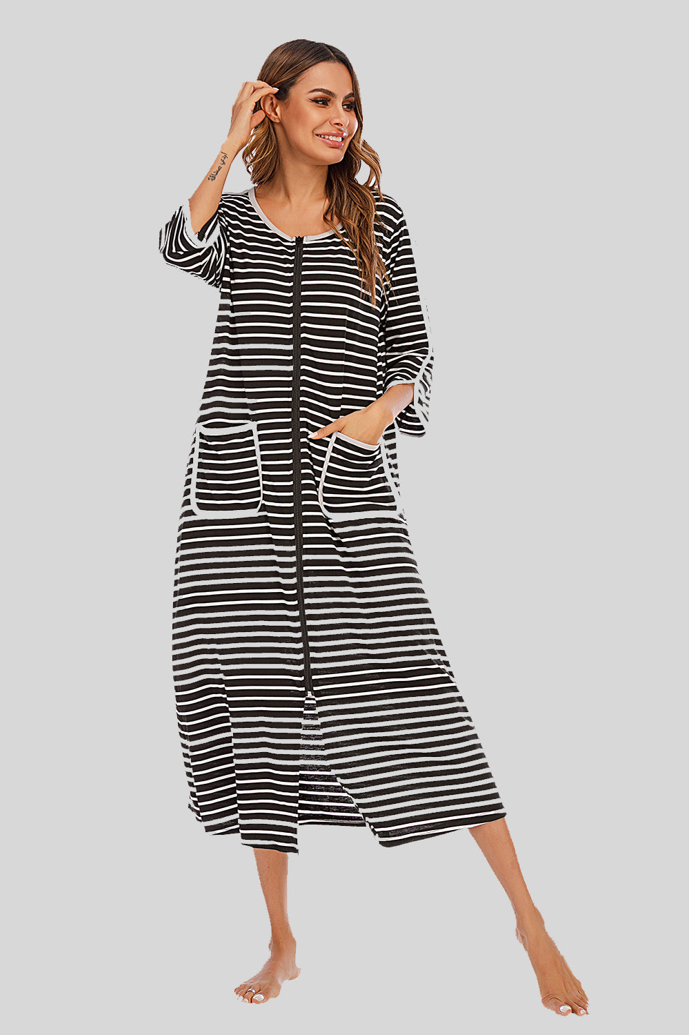 Buy black Round Neck Three-Quarter Sleeve Midi Night Dress