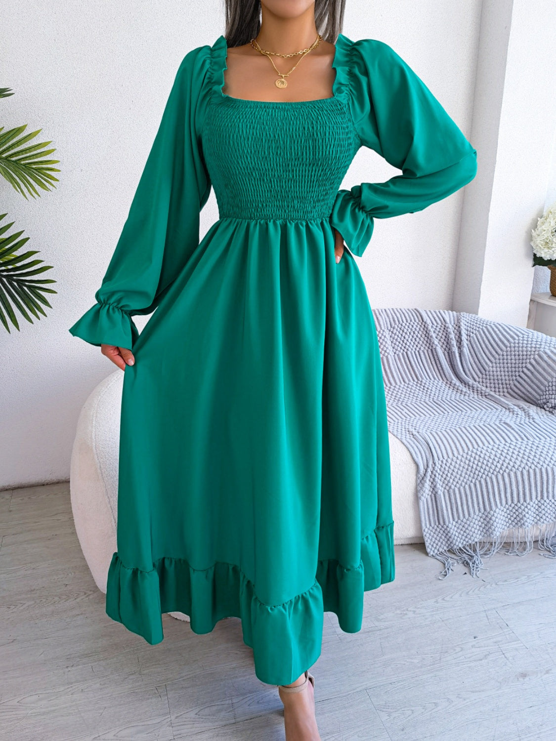 Buy turquoise Smocked Square Neck Flounce Sleeve Dress