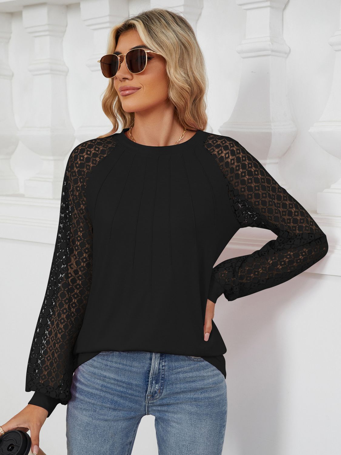 Buy black Round Neck Lace Long Sleeve Top