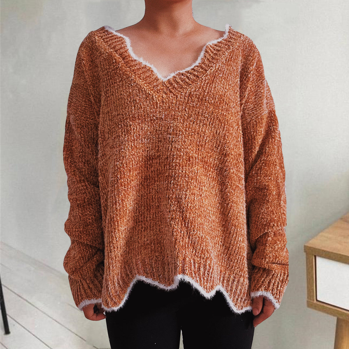 V-Neck Drop Shoulder Long Sleeve Sweater