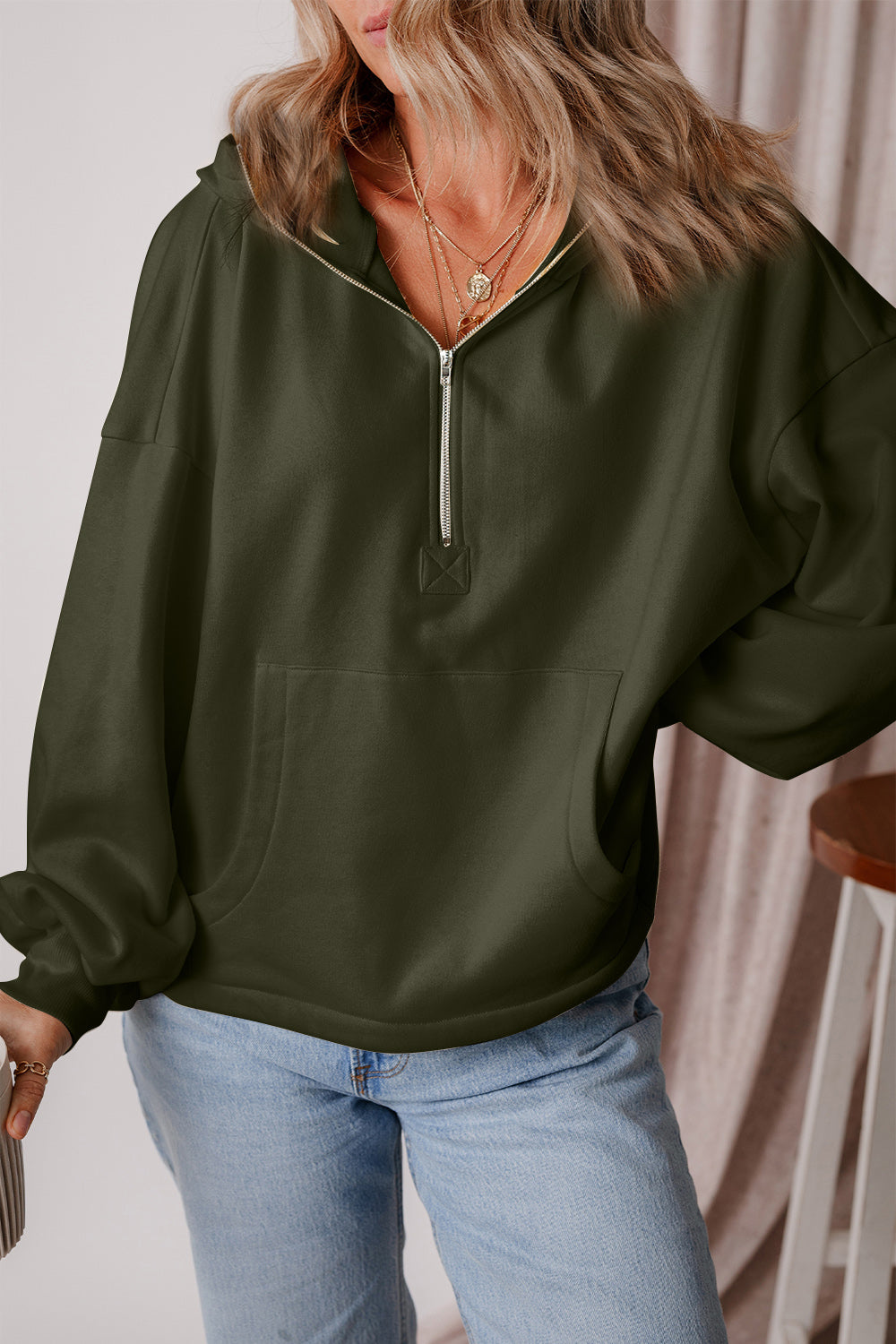 Buy army-green Pocketed Half Zip Dropped Shoulder Hoodie