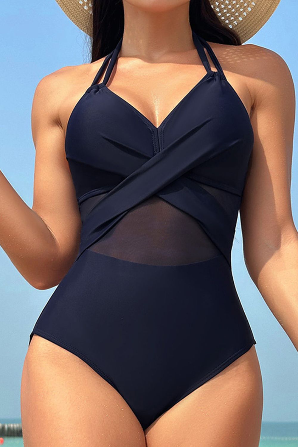 Buy dark-blue Crisscross Halter Neck One-Piece Swimwear