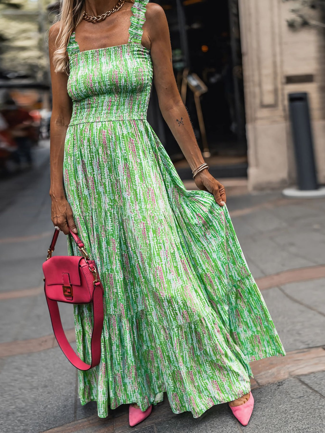 Buy light-green Smocked Printed Square Neck Sleeveless Dress