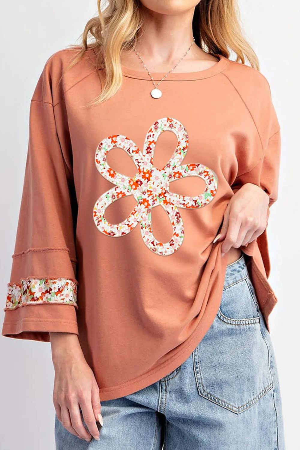 Buy sherbet Exposed Seam Slit Floral Round Neck Blouse