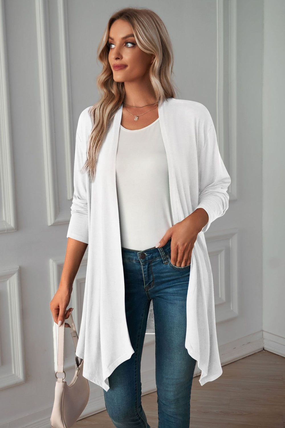 Buy white Open Front Long Sleeve Cardigan