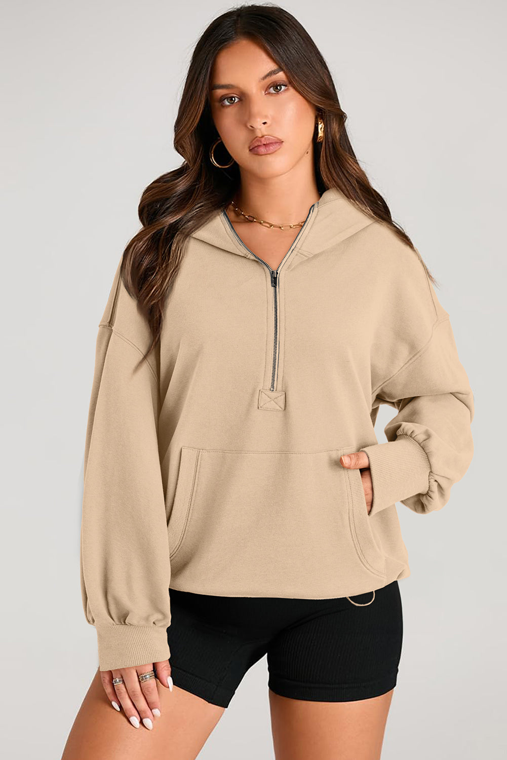 Buy dust-storm Pocketed Half Zip Long Sleeve Hoodie