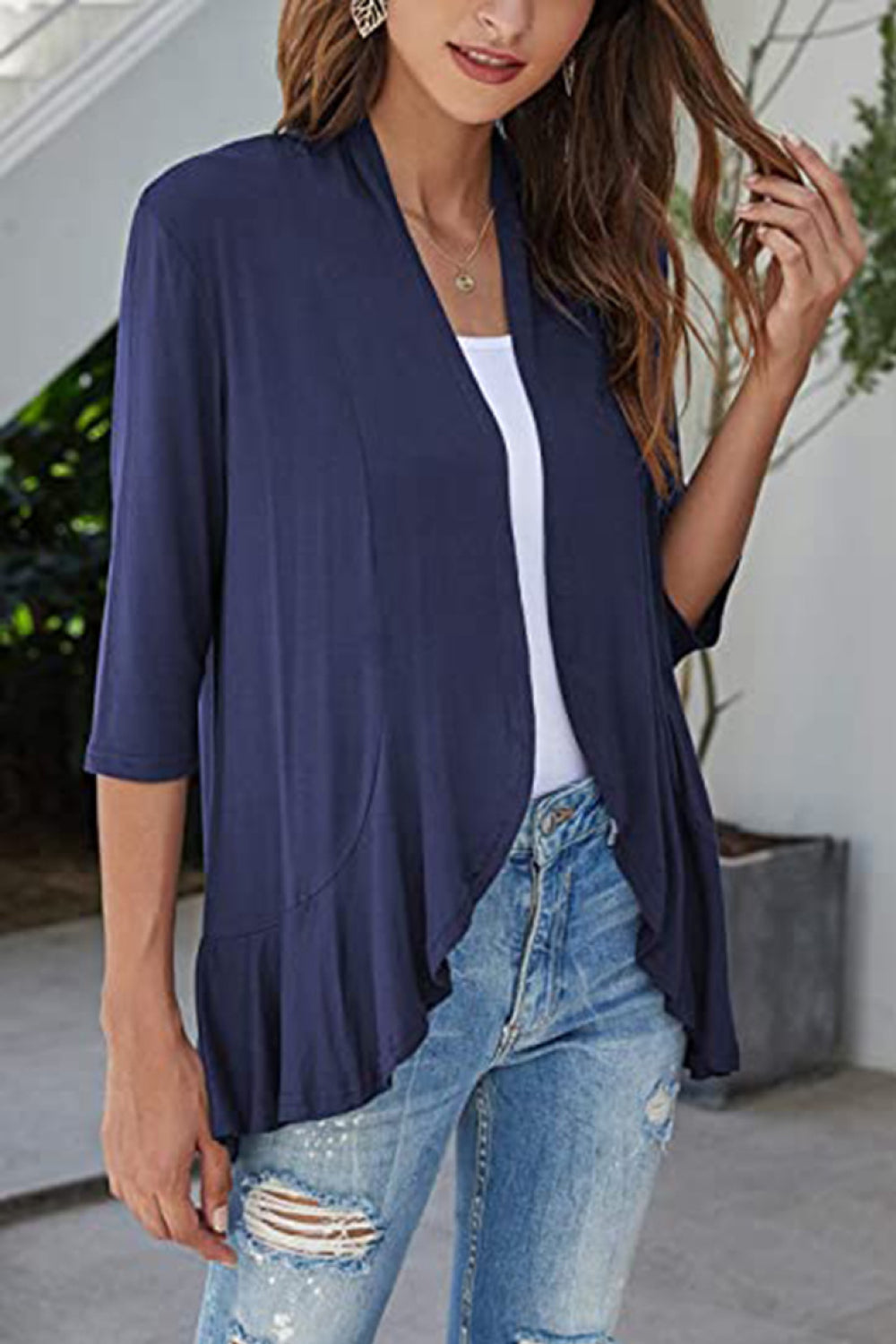 Buy dark-blue Open Front Ruffle Trim Cardigan