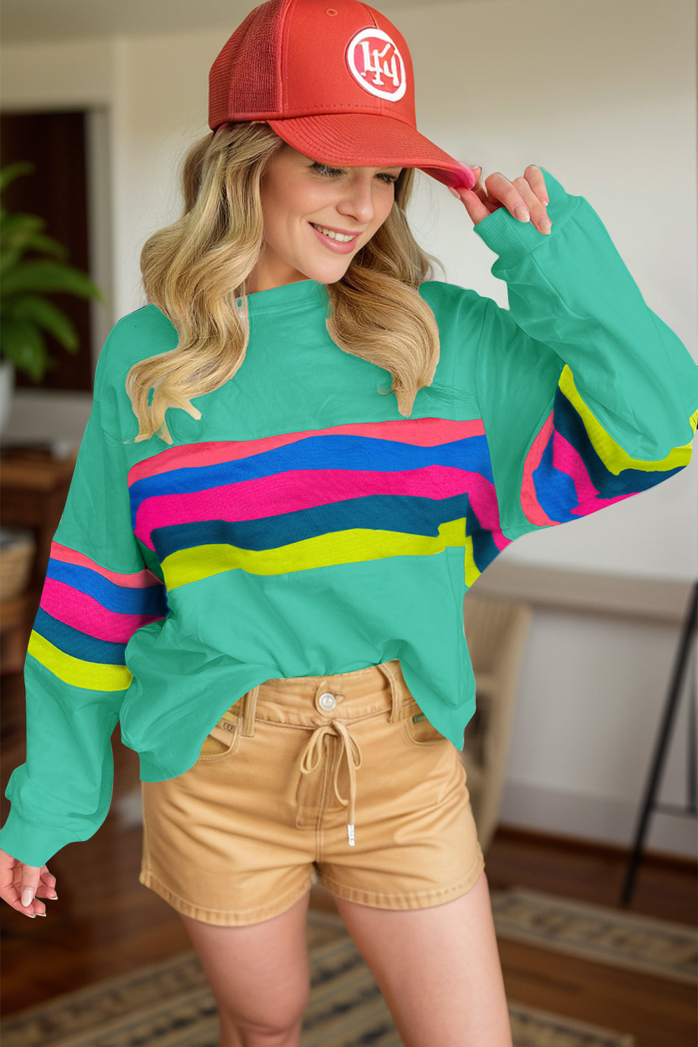 Buy turquoise Contrast Round Neck Long Sleeve Top