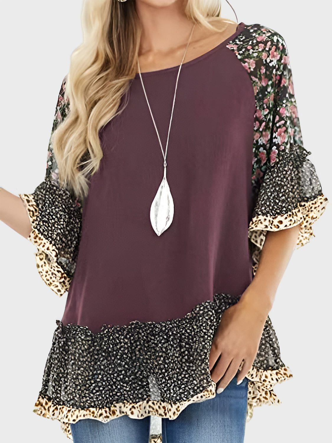 Buy plum Full Size Frill Printed Round Neck Half Sleeve Blouse