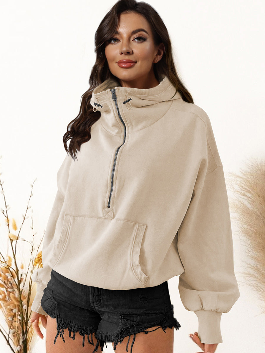 Buy beige Zip-Up Dropped Shoulder Hoodie