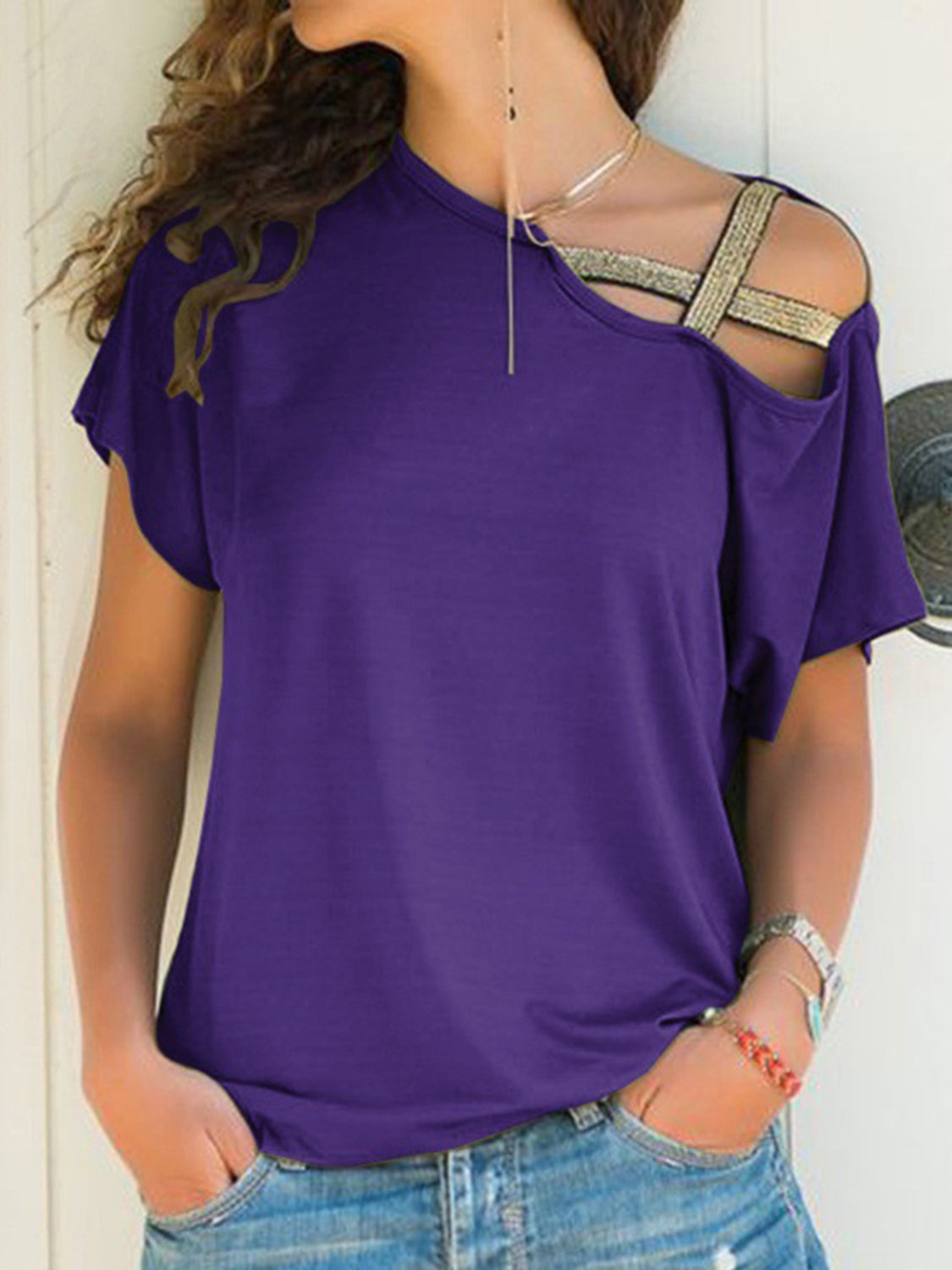 Buy violet Asymmetrical Neck Short Sleeve T-Shirt