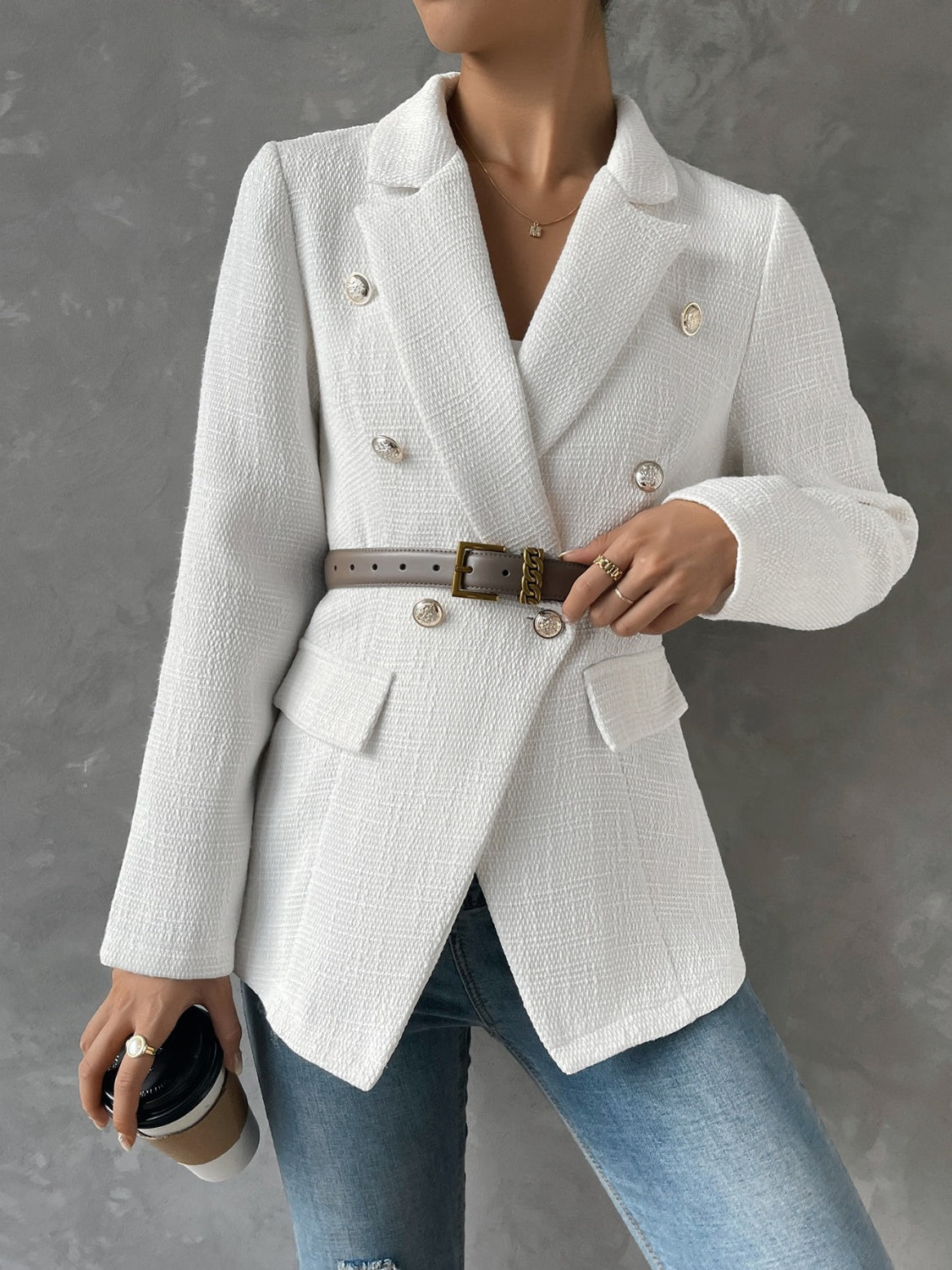 Buy white Lapel Collar Long Sleeve Blazer with Pockets