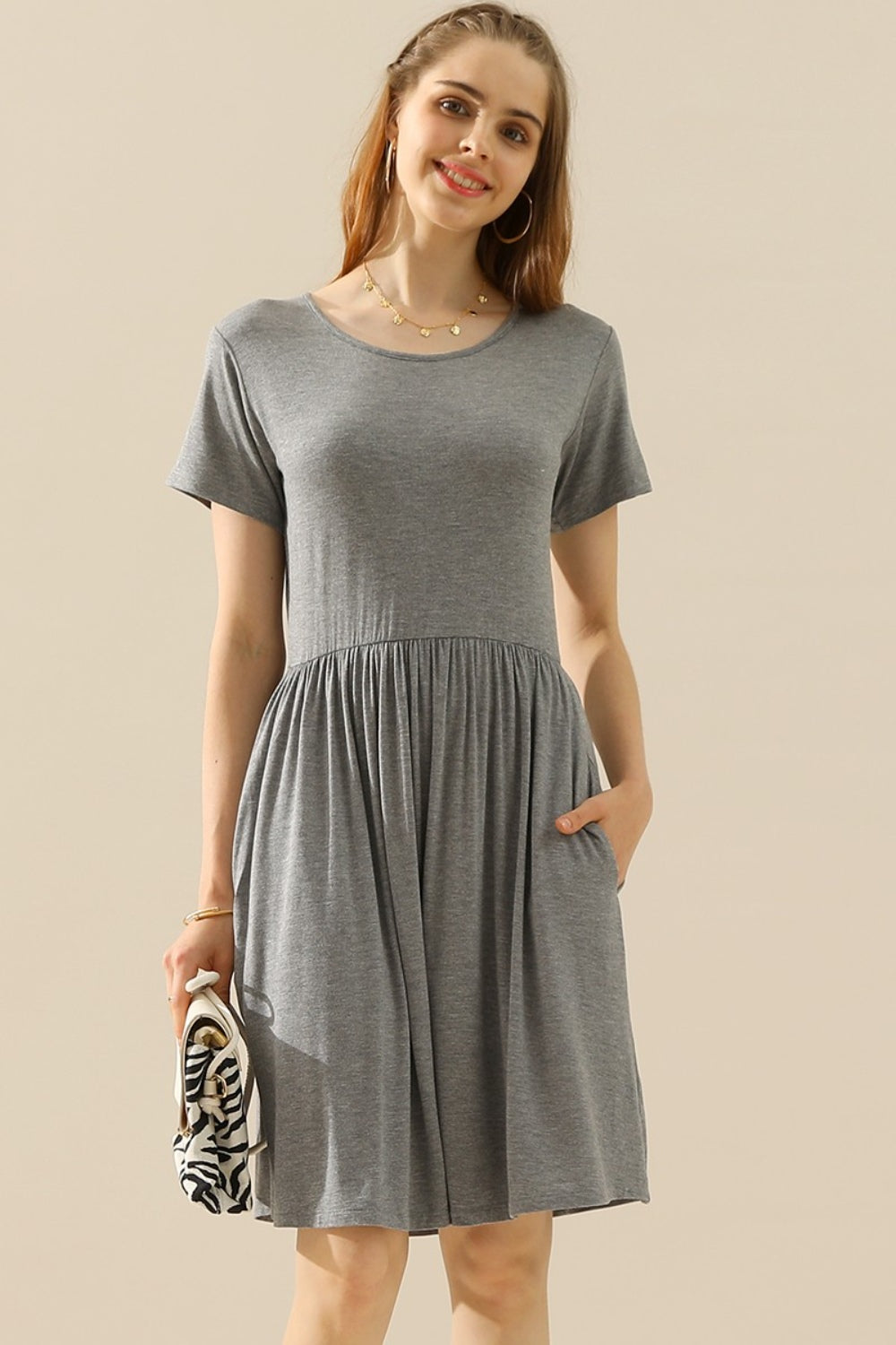 Buy h-grey Ninexis Full Size Round Neck Ruched Dress with Pockets