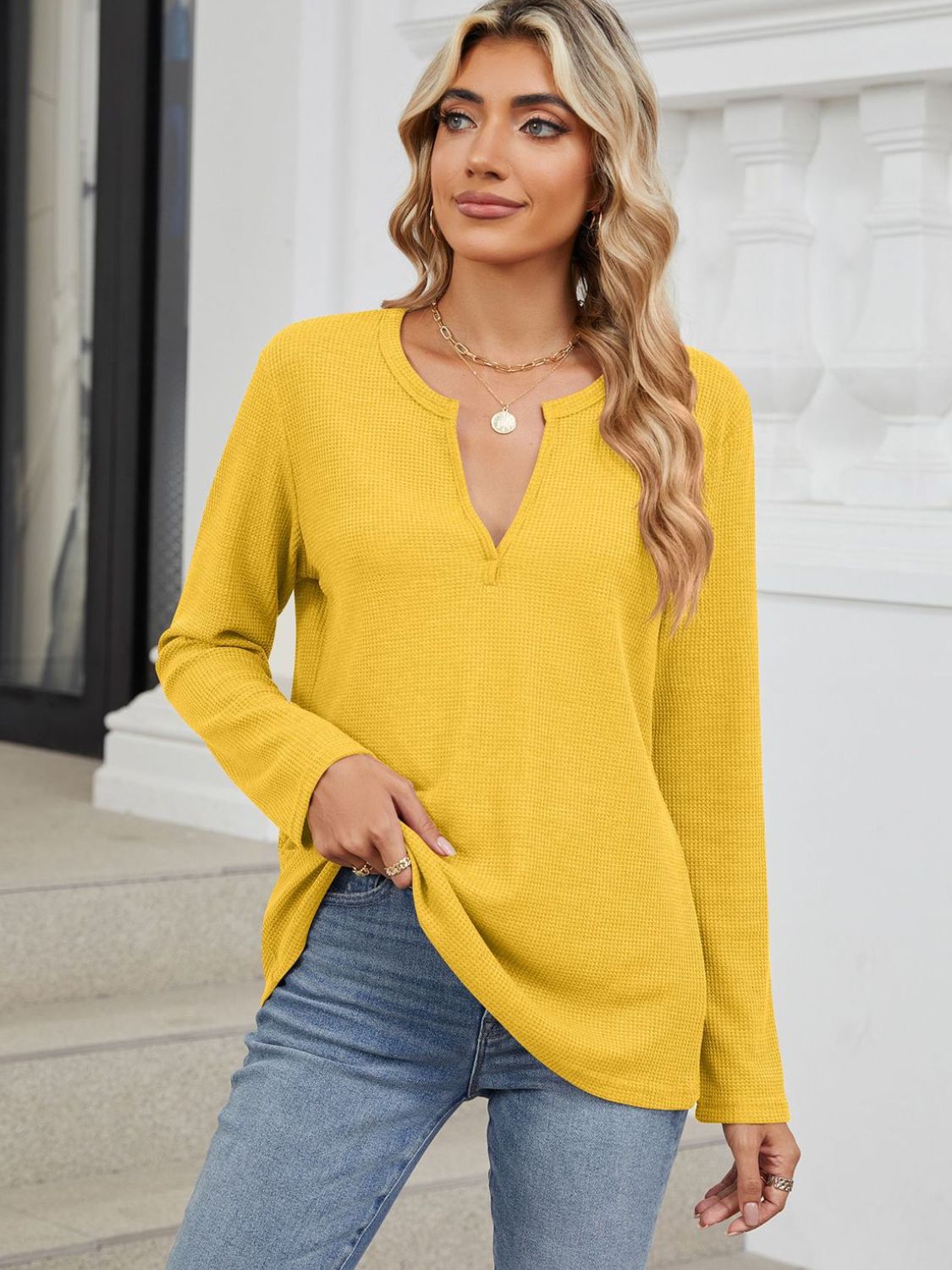 Buy yellow Waffle-Knit Notched Long Sleeve T-Shirt