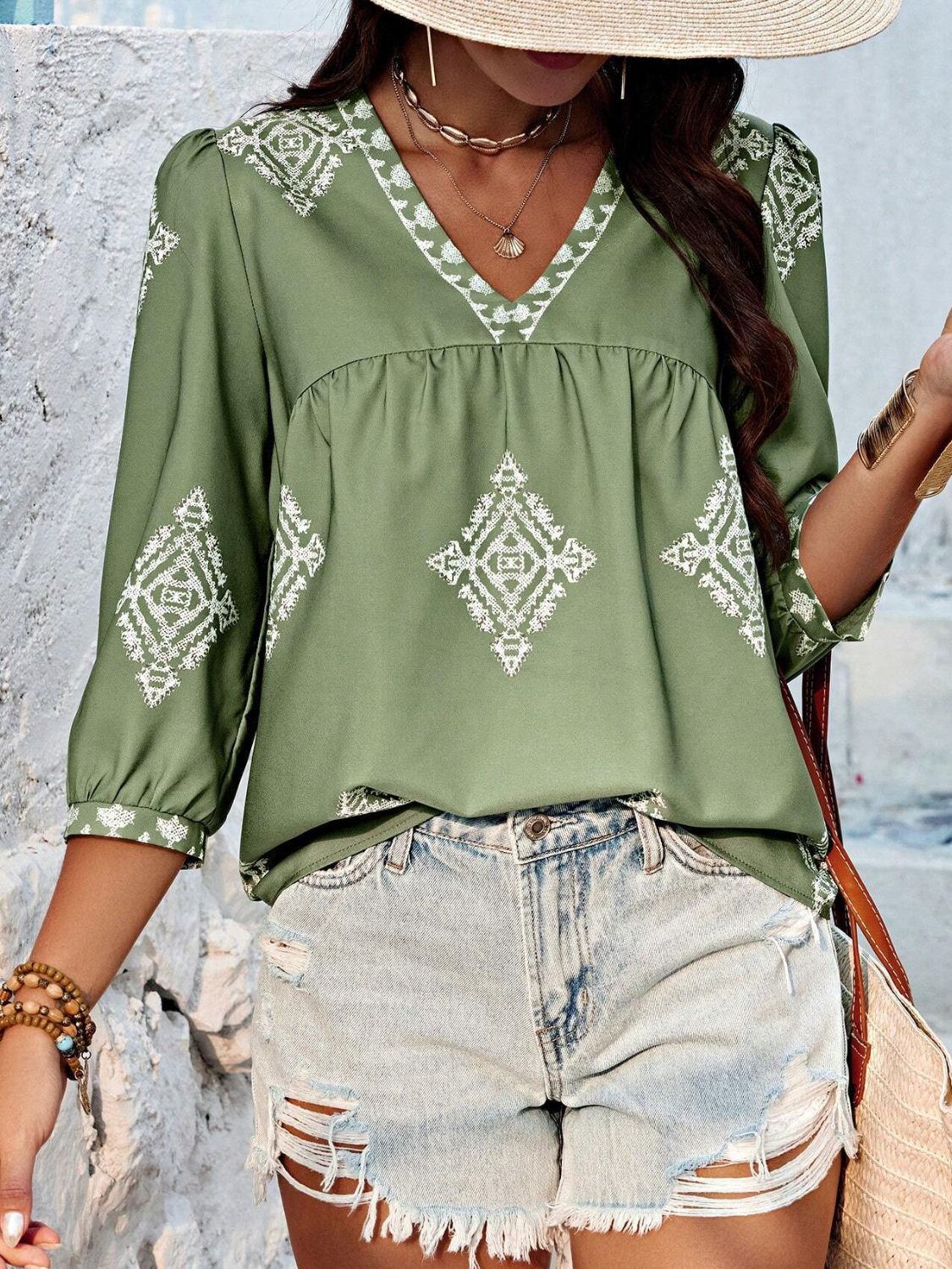 Buy matcha-green Printed V-Neck Three-Quarter Sleeve Blouse