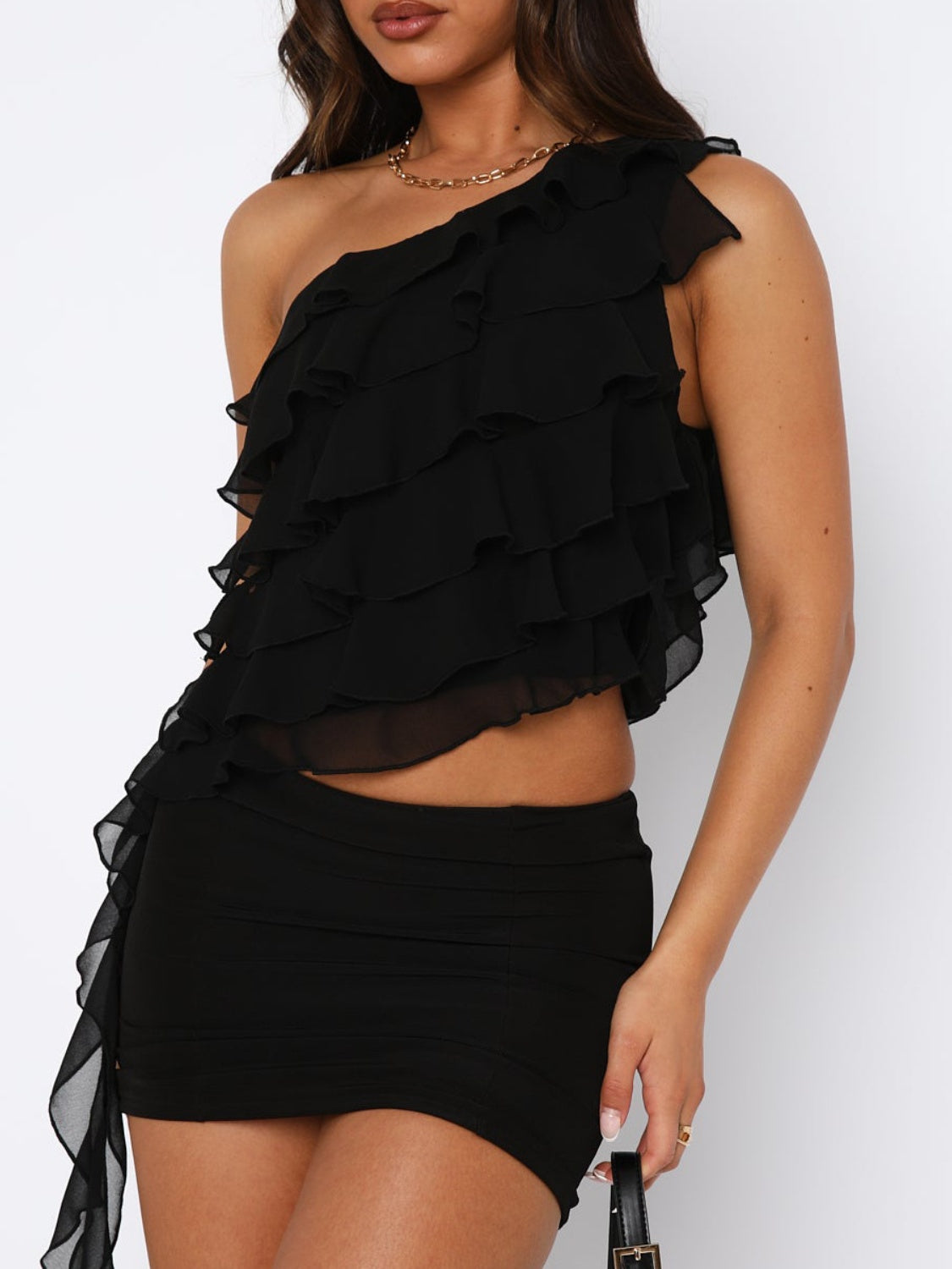 Buy black Layered Ruffled One Shoulder Tank