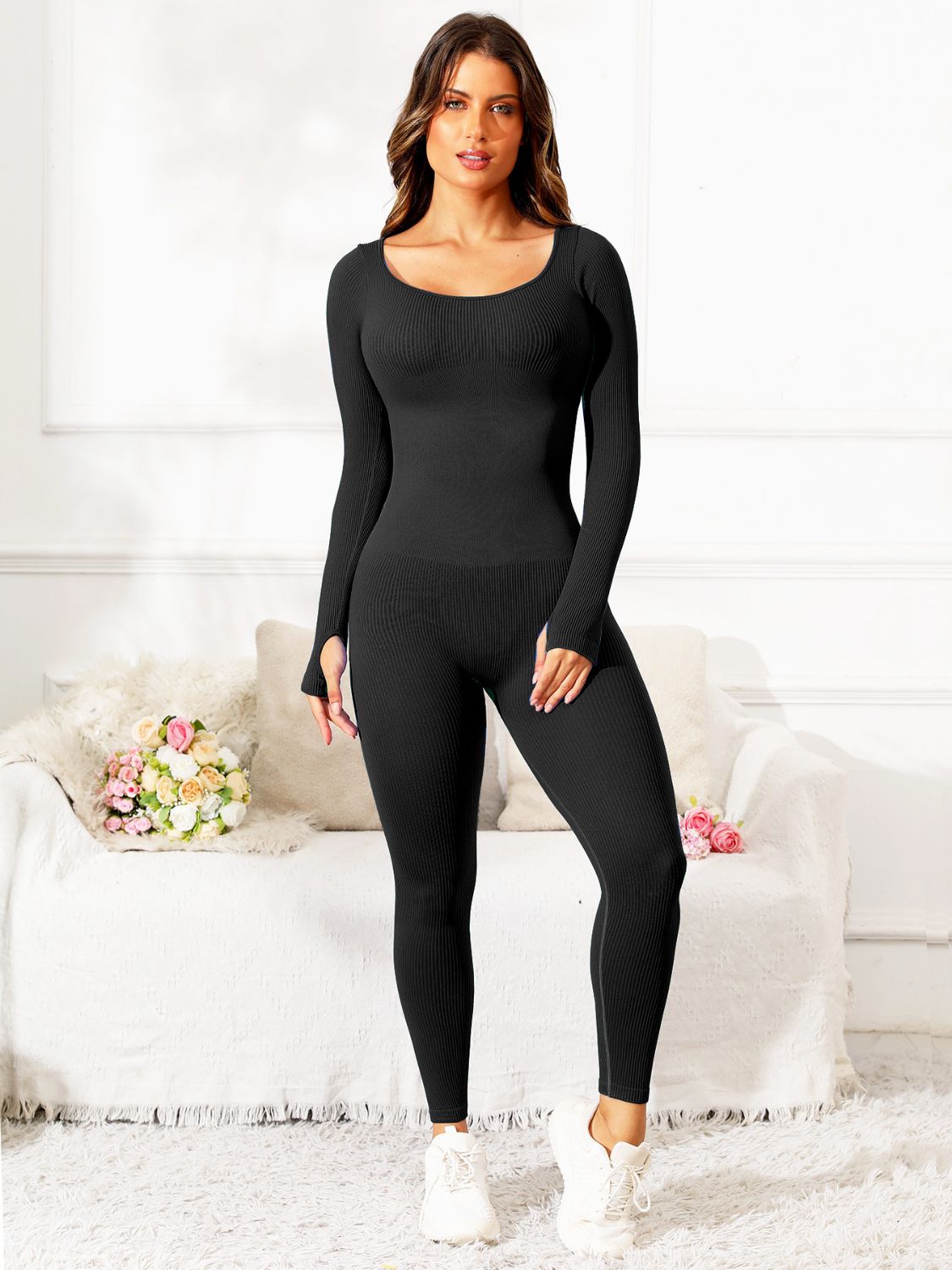 Buy brown Scoop Neck Long Sleeve Active Jumpsuit