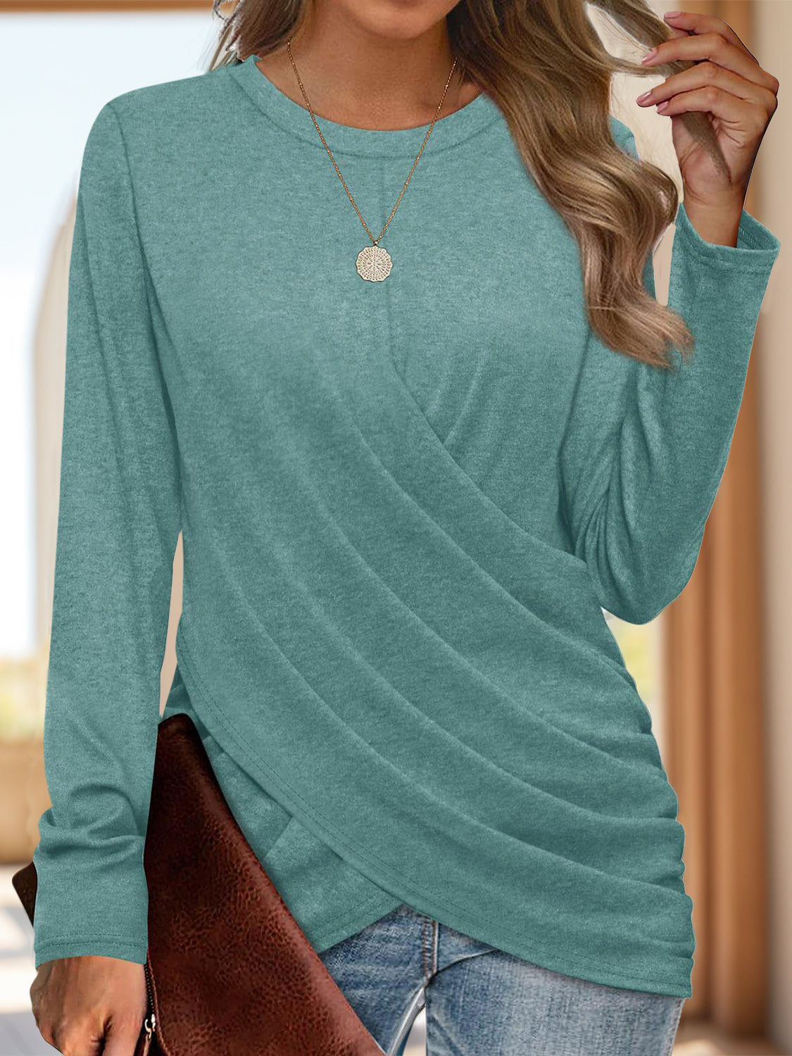 Buy turquoise Ruched Round Neck Long Sleeve T-Shirt