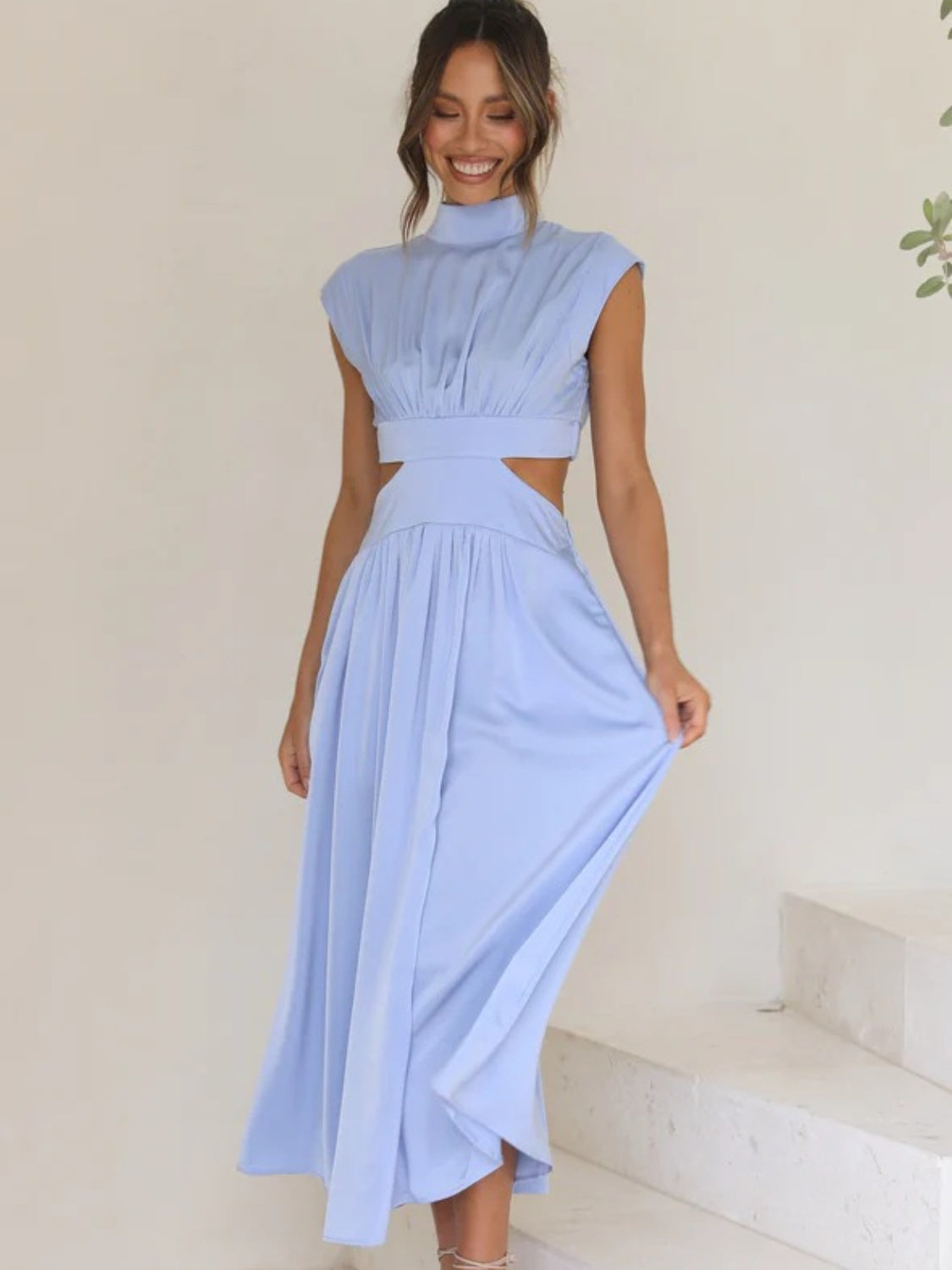 Buy light-blue Cutout Mock Neck Sleeveless Ruched Dress