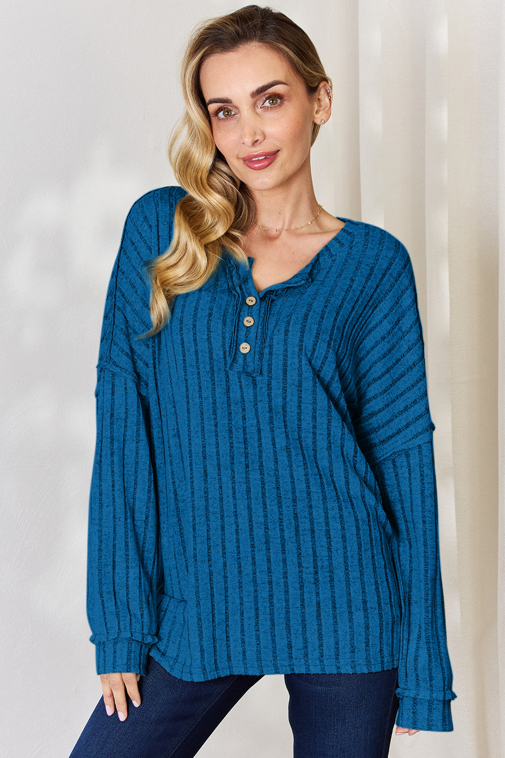 Buy sky-blue Basic Bae Full Size Ribbed Half Button Long Sleeve T-Shirt