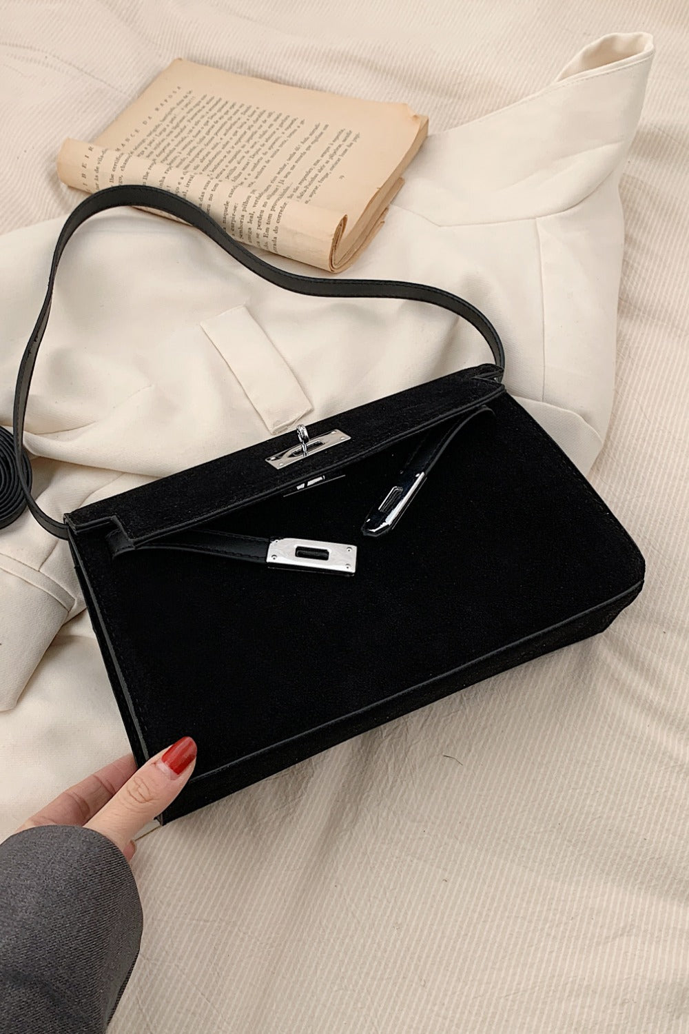 Buy black Suede PU Leather Strap Shoulder Bag