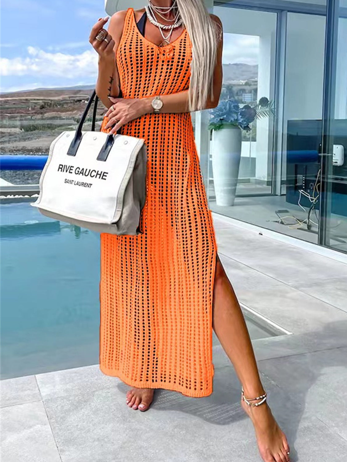 Buy orange Openwork Slit Cutout Wide Strap Dress