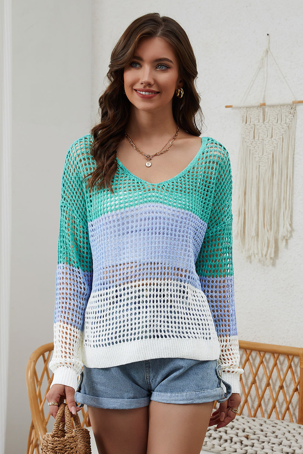 Openwork V-Neck Dropped Shoulder Blouse