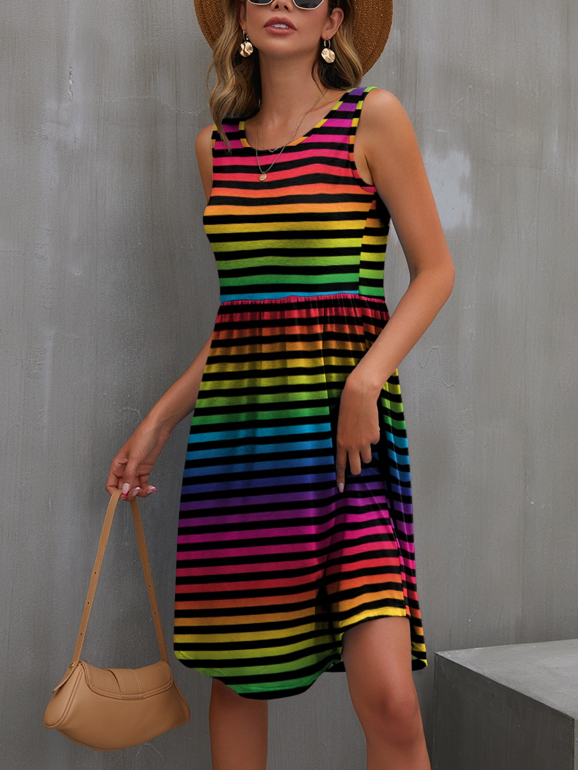 Buy stripe FAM-FAM Round Neck Wide Strap Mini Dress