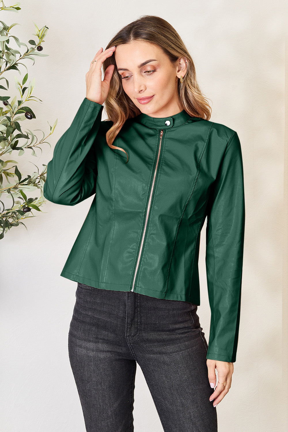 Buy green Mock Neck Zip Up Jacket