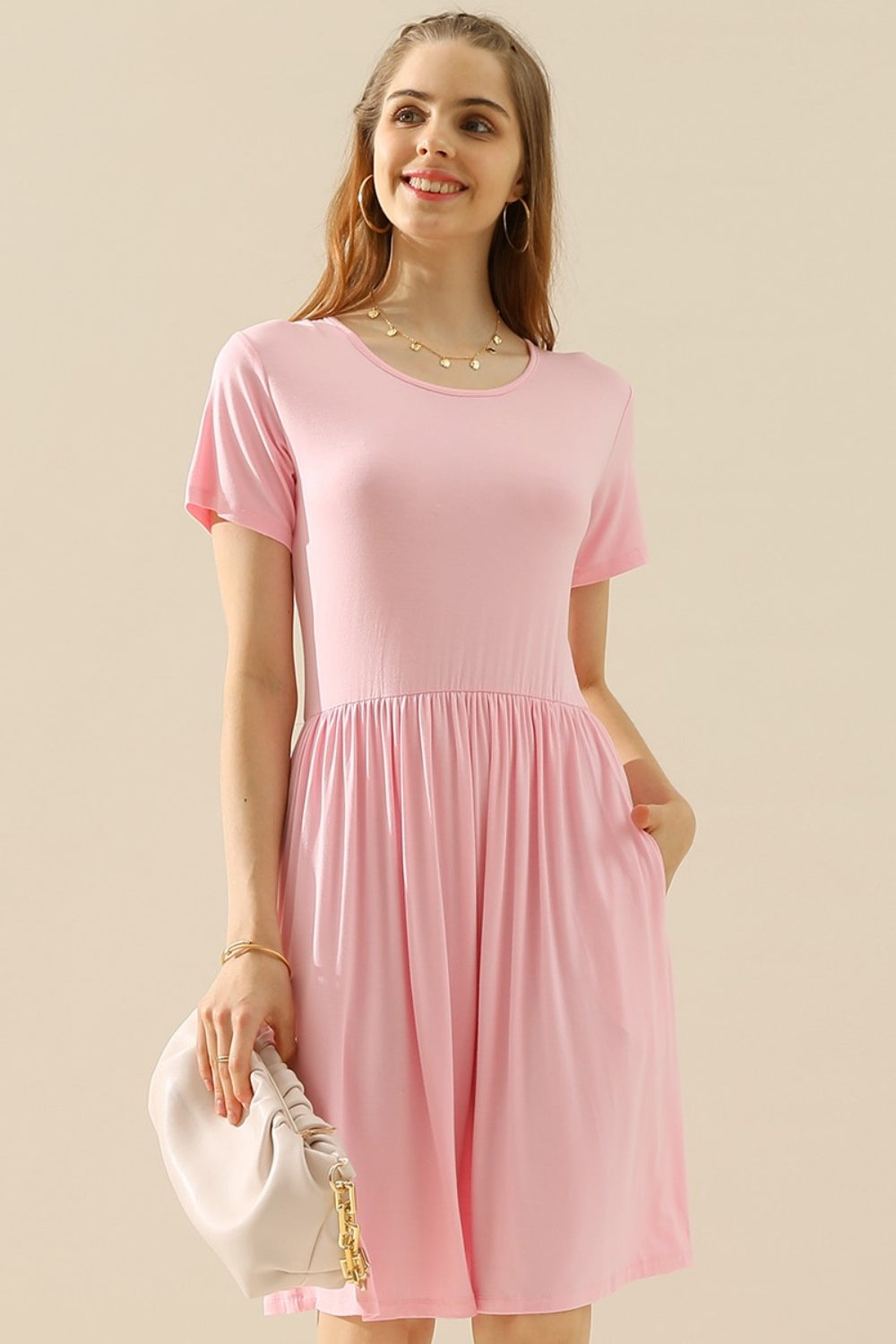 Buy lt-pink Ninexis Full Size Round Neck Ruched Dress with Pockets