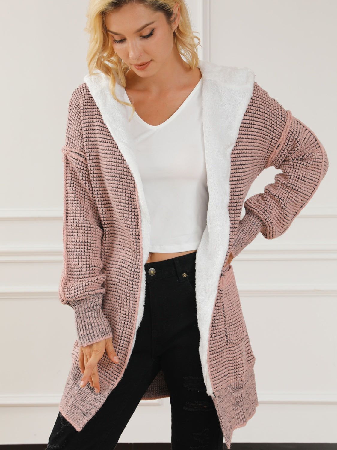 Buy blush-pink Open Front Hooded Winter Coat with Pockets