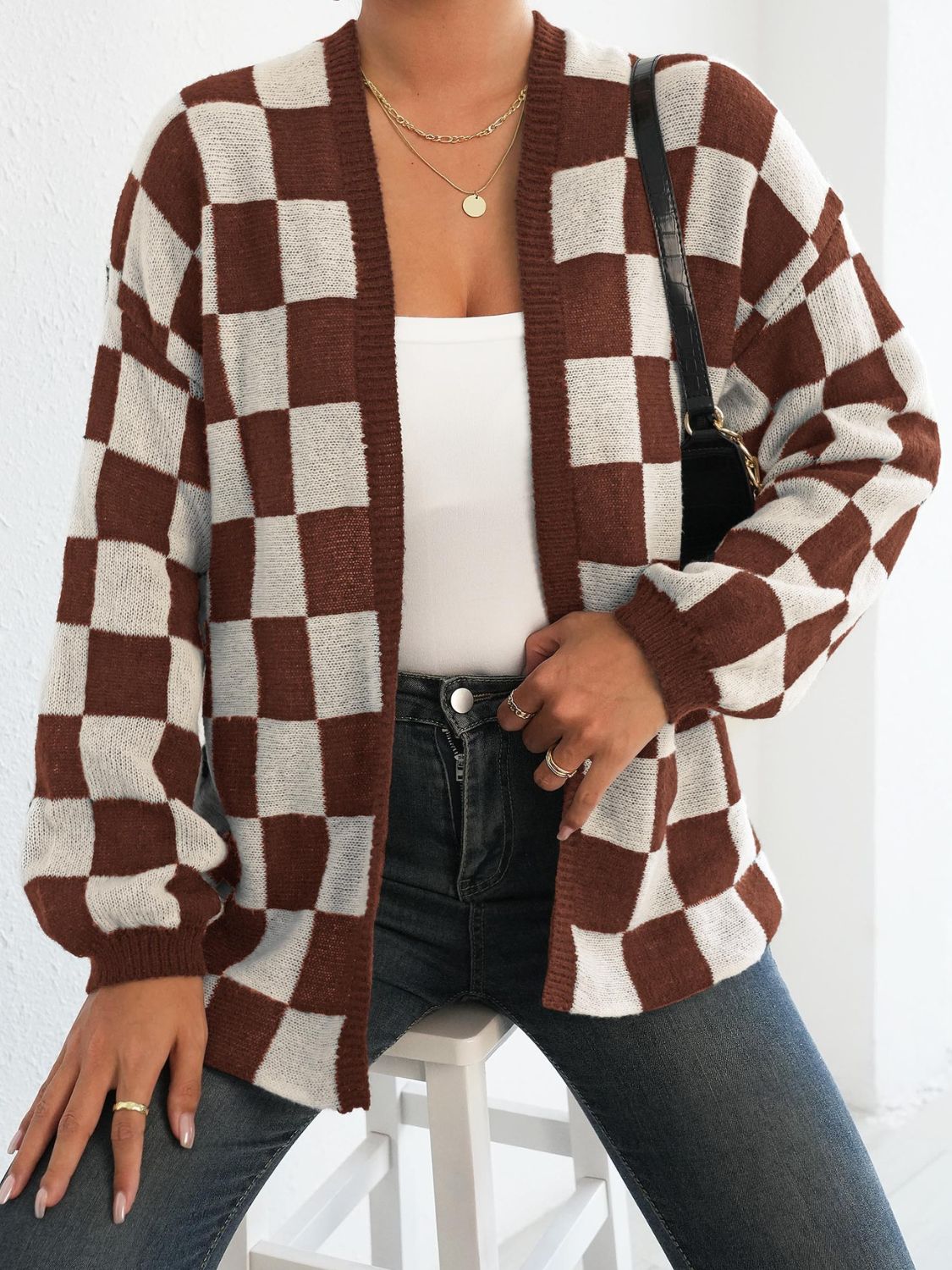 Buy brown-white Checkered Open Front Long Sleeve Cardigan