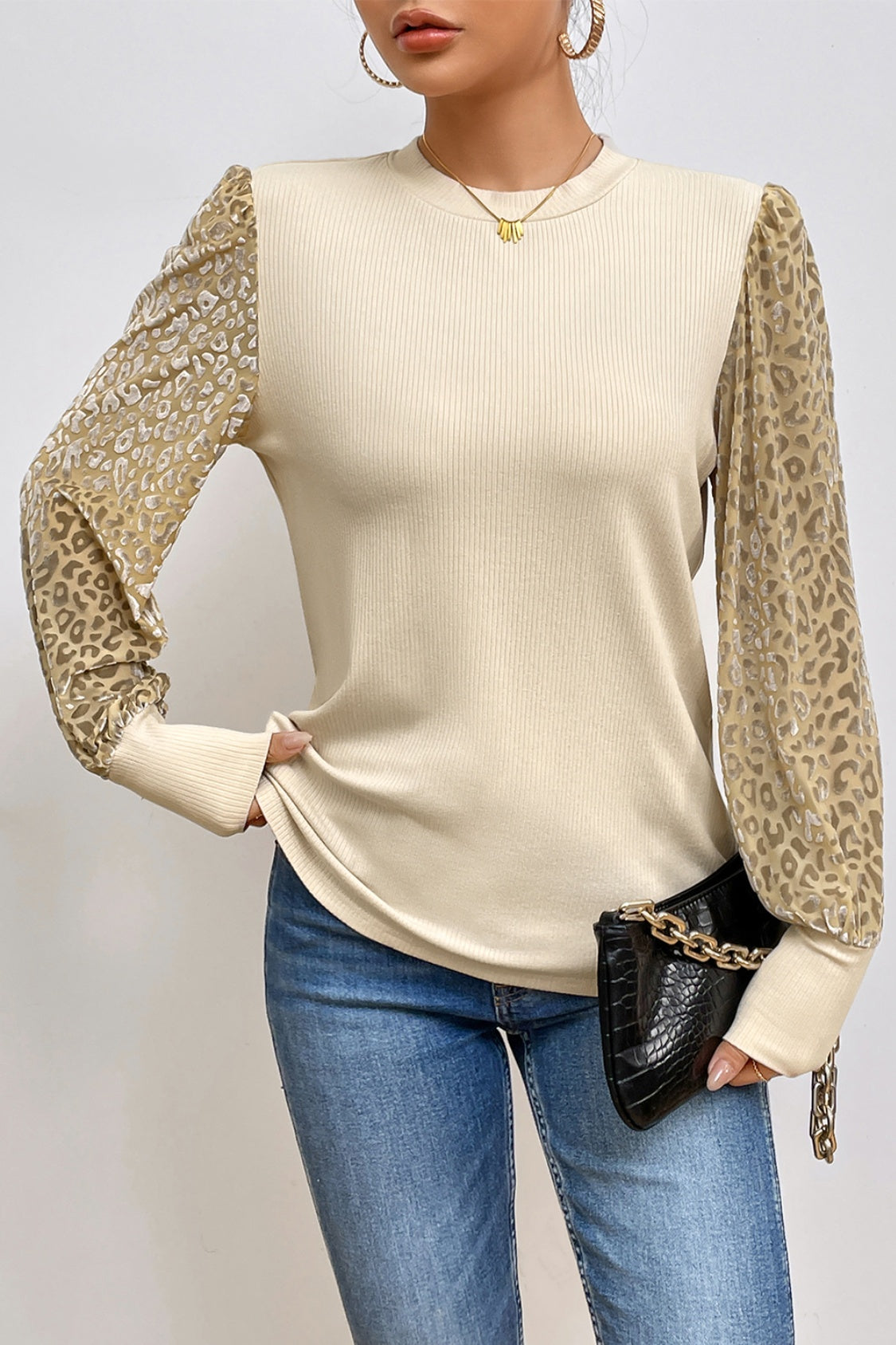 Buy apricot Leopard Print Long Sleeve Ribbed Knit Blouse