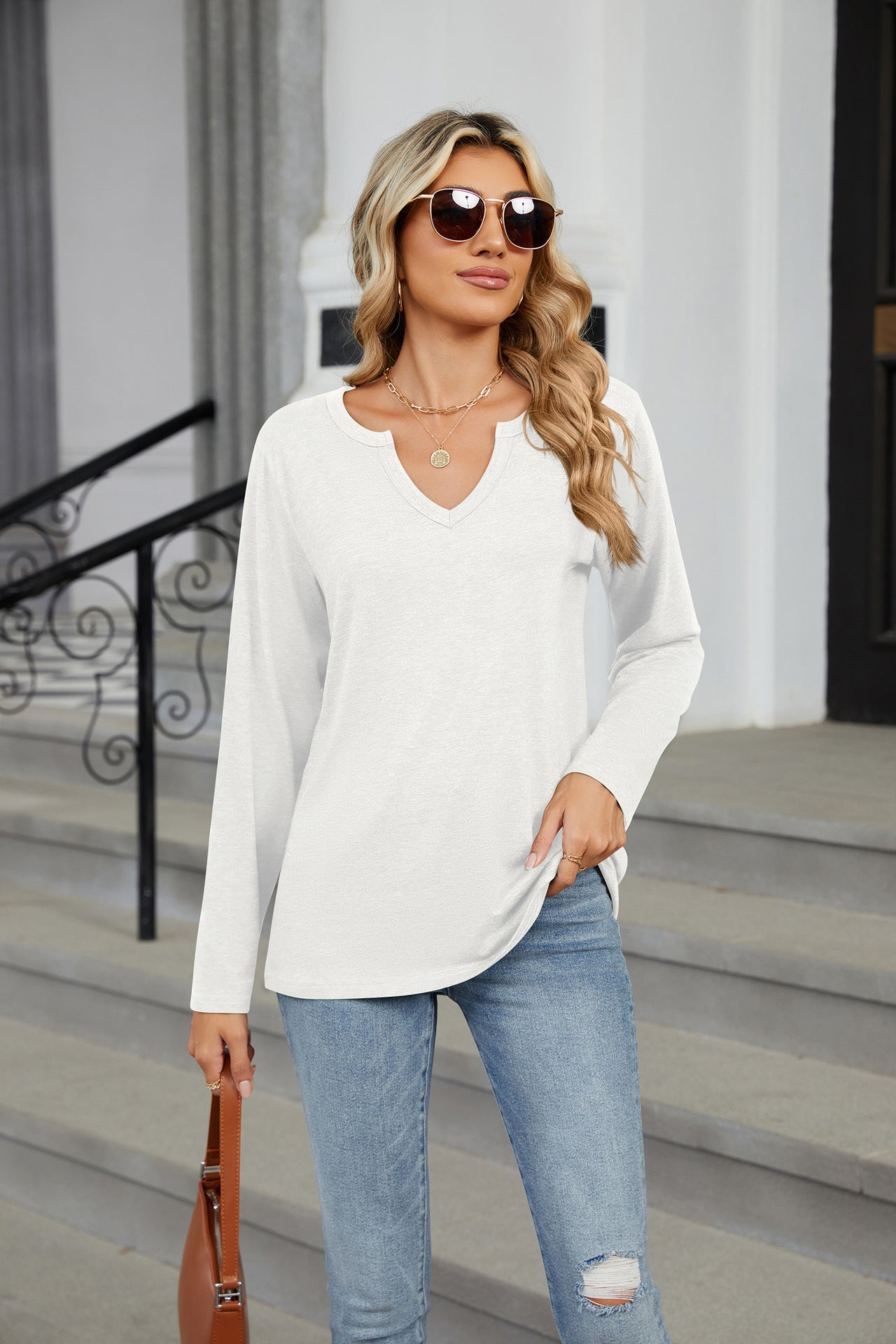 Buy white Notched Long Sleeve T-Shirt