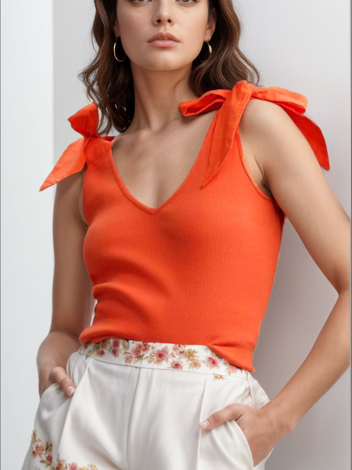 Buy orange V-Neck Tie Shoulder Tank